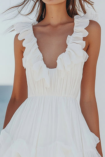 White Ruffled V-Neck A Line Chiffon Mini Dress